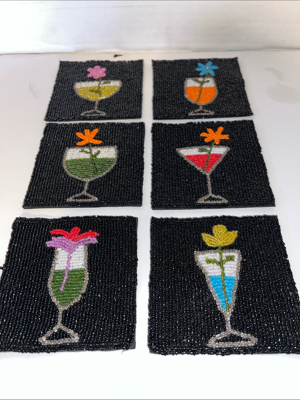 Mary Frances Beaded Cocktail Glass Coasters - Black with Multicolor Accents
